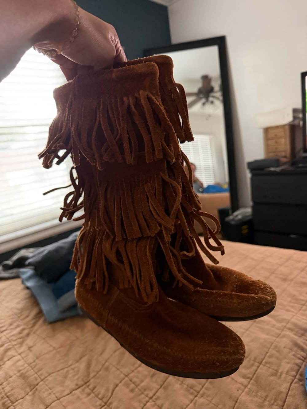 Minnetonka Tan Suede Multi-Fringe Moccasin Boots